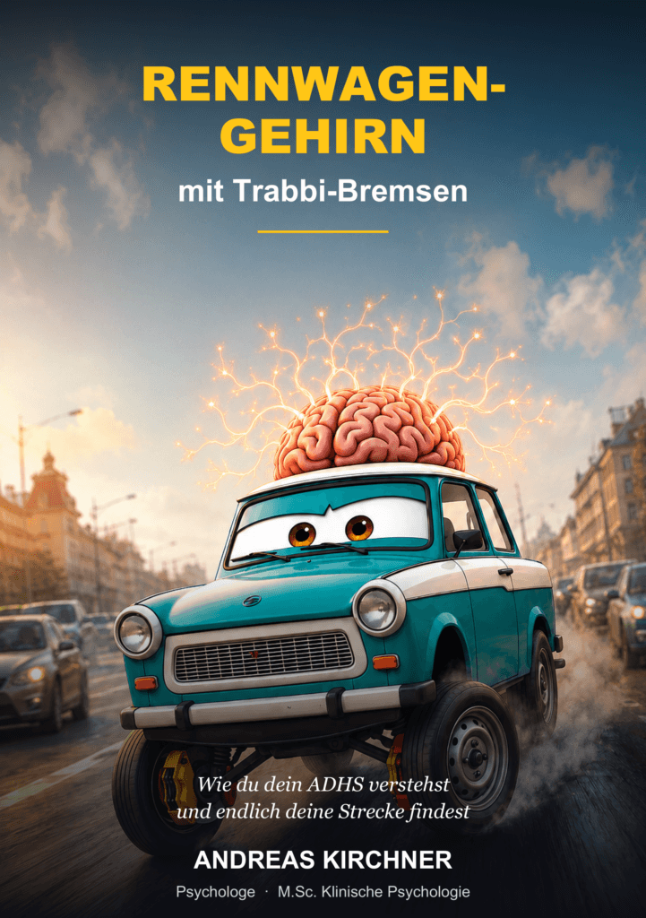 Buchcover „Rennwagengehirn mit Trabbi-Bremsen“ von Andreas Kirchner: ein türkiser Trabbi mit leuchtendem Gehirn auf dem Dach